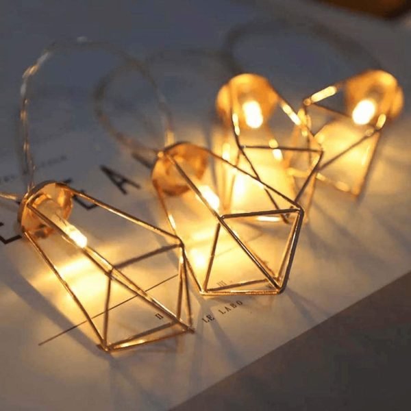 10 LED 6.6 ft Diamond String Lights Battery Operated, Geometric String Lights Warm White, Rose Gold Metal Lamps Decor for Indoor Wedding Party
