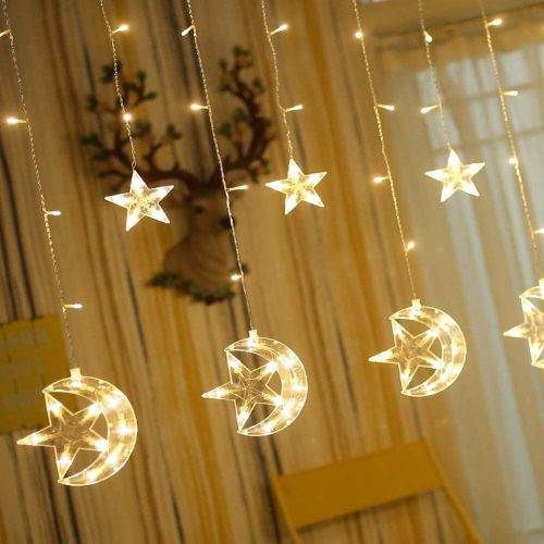 138 LED Star Moon Curtain String Lights, Window Curtain Lights with 8 Flashing Modes Decoration Christmas Wedding, Party, Patio Lawn Decorations