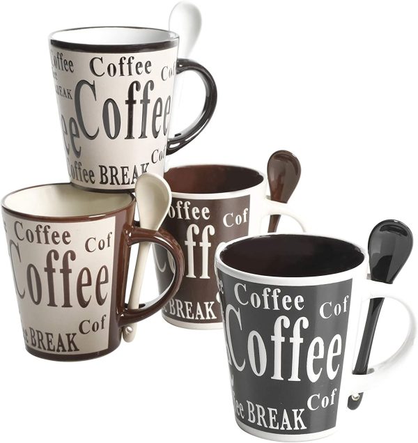Mr. Coffee Bareggio Mug and Spoon Set, Café Americano, 8-Piece Mug and Spoon Set (14oz)