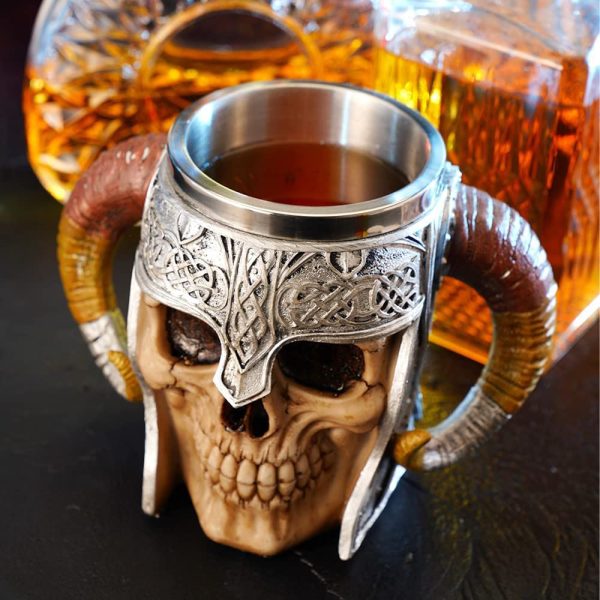 Viking Skull Beer Mug Tankard,Stainless Steel Double Handle Horn Coffee Cup , Medieval Skull Drinkware Mug for Beer/Coffee/Beverage/Juice17oz.