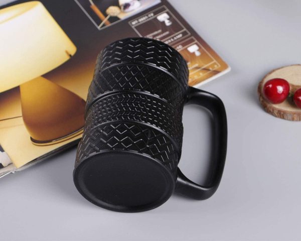 3D Cool Black Tyre Tire Shaped Frosted Ceramic Mug Large Coffee Tea Cup Unique Gifts Car Fans 14 oz(400ml)