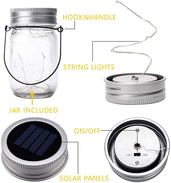 Hanging Solar Mason Jar Lights, 6 Pack 30 Led String Fairy lights Solar Lanterns Table Lights, 6 Hangers and Jars included. Great Outdoor Lawn Decor