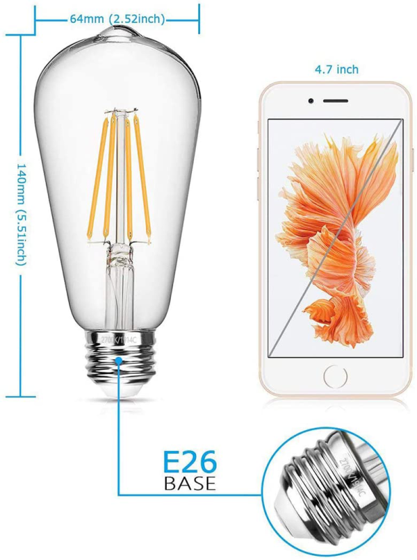 LED Edison Bulbs 60 Watt Equivalent 6W Dimmable LED Filament Light Bulb 600 Lumen Soft White 2700K ST64 Antique E26 Medium Base 4-Pack
