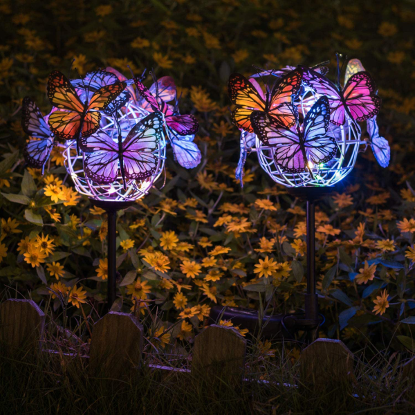 Outdoor Solar Garden Lights - 2 Pack Solar Powered Garden Stake Lights with 18 Butterflies and Copper String Lights, Multicolor