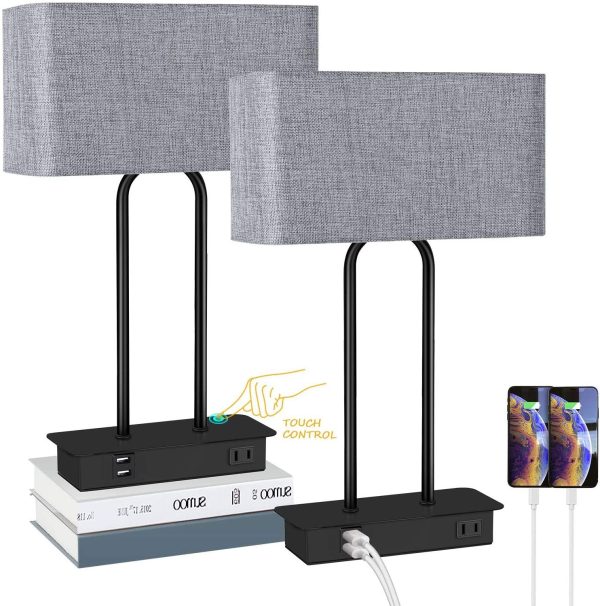 Set of 2 Touch Control 3-Way Dimmable Table Lamp with 2 USB Ports &1 AC Outlet, Modern Bedside Nightstand Lamps with Fabric Shade
