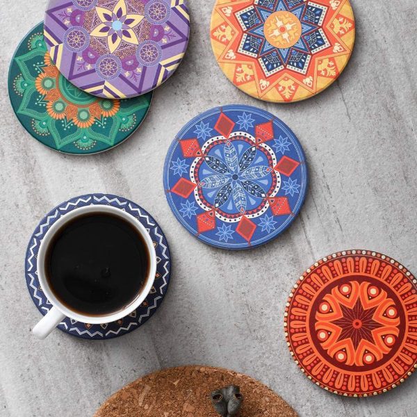 Drink Coasters Mandala and Dream Catcher Style Absorbent Avoid Furniture Being Scratched Soiled 4 Inches, Set of 6