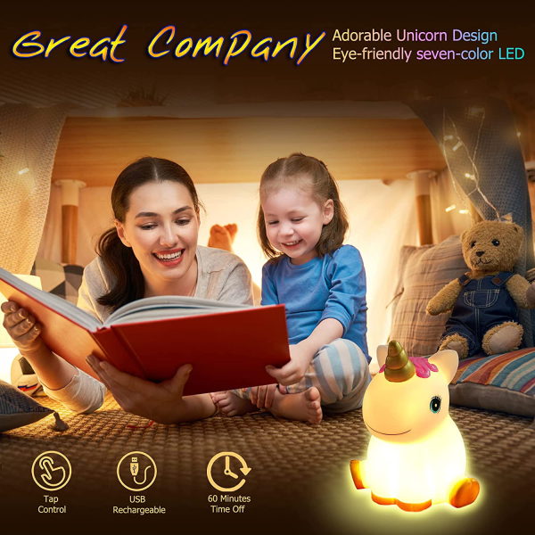 Unicorn Night Light,USB Rechargeable Kids Night Light with Timer,Portable Nursery Lamp Tap Colorful Lights for Kids, Unicorn Nightlight Girls Bedroom