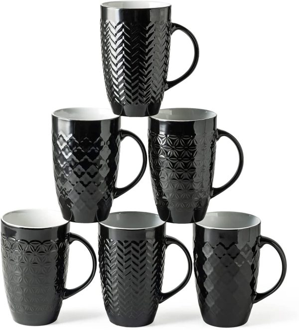 Large Coffee Mugs Set of 6, 20oz Porcelain tall Textured Geometric Patterns Coffee/Tea /Beer/Hot Cocoa, Dishwasher & Microwave Safe