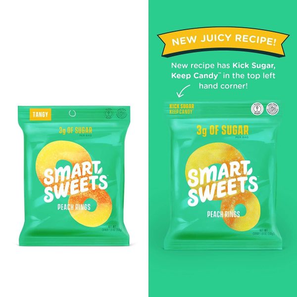 SmartSweets Peach Rings Sour Gummy Candy, Plant-Based, Low Sugar & Calorie Snack, Multicolor, 10.8 Oz, Pack of 6