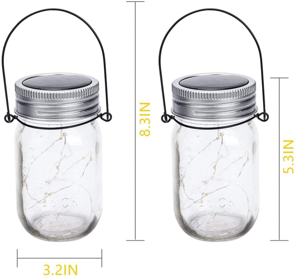 Hanging Solar Mason Jar Lights, 6 Pack 30 Led String Fairy lights Solar Lanterns Table Lights, 6 Hangers and Jars included. Great Outdoor Lawn Decor