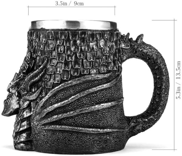 Medieval Dragon Beer Mug, Stainless Steel Coffee Cup Gift Mug Dragon, Decoration,Viking Tankard Mug for Coffee/Beverage/Juice 17oz.
