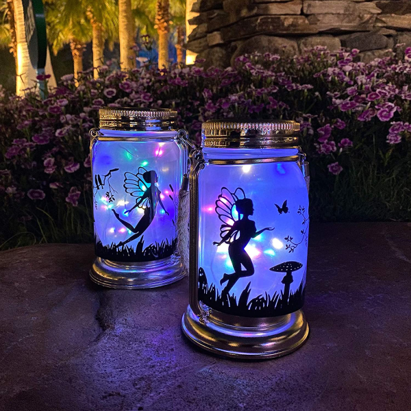 Solar Fairy Lantern Garden Decorations- 2 Pack Outdoor Fairies Night Lights Gifts Hanging Lamp Frosted Glass Jar with Stake (Multicolor)