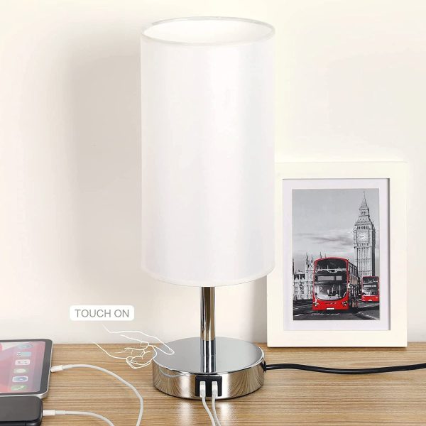 Bedside Lamp with USB port - Touch Control Wood 3 Way Dimmable Nightstand Lamp with Round Fabric Shade (LED Bulb Included)