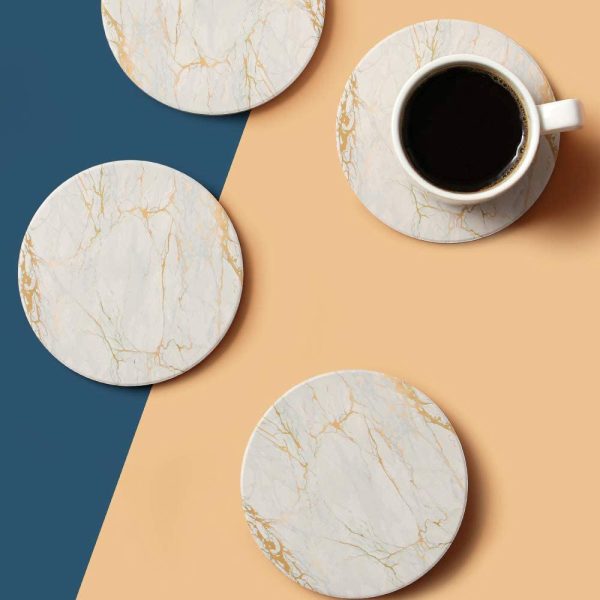 Coasters for Drinks Absorbent with Holder Set of 6, Ceramic Cork Base Housewarming, Suitable for Wooden Table, 4" Diameter Gold Marble