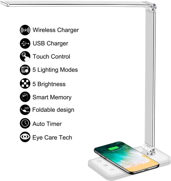 Multifunctional LED Desk Lamp with Wireless Charger, USB Charging Port, 5 Lighting Modes,5 Brightness Levels