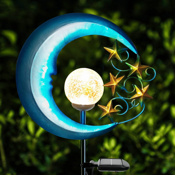 Stars Moon Solar Lights Outdoor - Solar Powered Garden Lights Decorative Crackle Glass Globe Led Waterproof Landscape Lighting