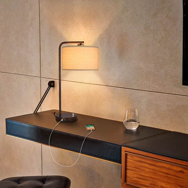 Side Table Lamp with Dual USB Ports Dimmable Bedside Lamp Modern Nightstand Lamp Desk Reading Lamp with Linen Lampshade 8W 2700K LED Bulb Included