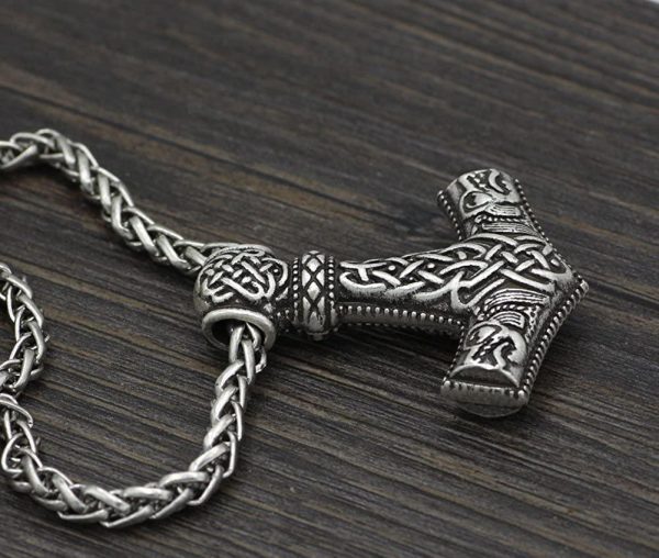 Men Norse God Viking Odin Wolf Thor's Hammer Mjolnir Pendant Necklace With Valknut Gift Bag