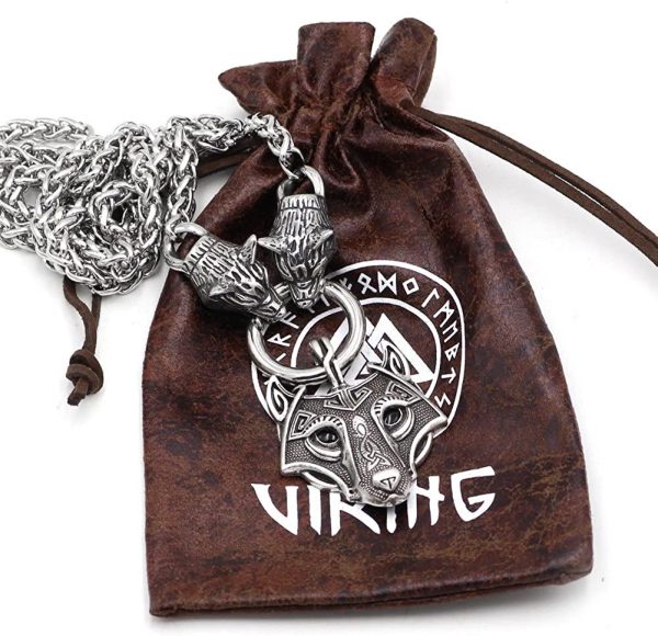Men Viking Stainless Steel Wolf Head With Thor's Mjolnir Pendant Necklace