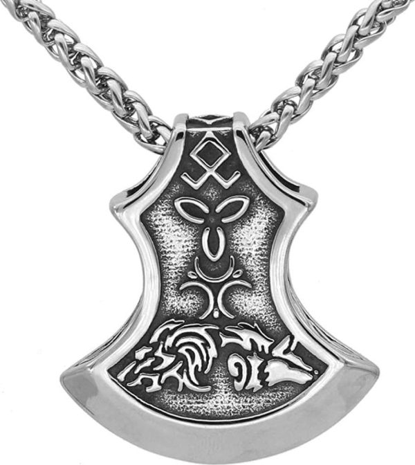 Men Viking Axe Stainless Steel Necklace Nordic Viking Jewelry With Valknut Gift Bag