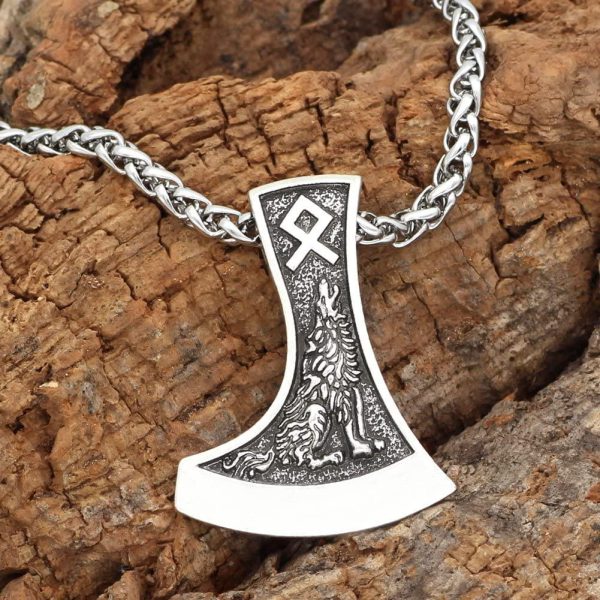 Men Viking Amulet Axe Rune Wolf Raven Pendant Axe Necklace