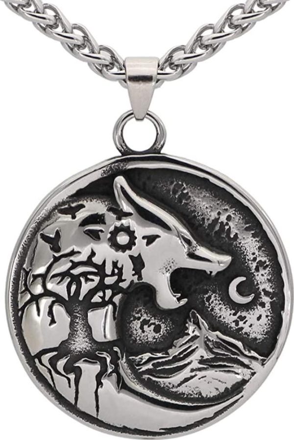 Noridc Viking Necklace Men Wolf Stainless Steel Necklace Viking Jewelry For Men With Valknut Gift Bag