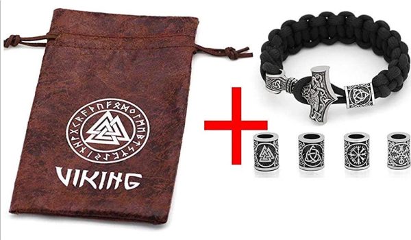Norse Viking Thor Mjolnir Hammer Camouflage Paracord Bracelet With 4 Beads,The Horns Of Odin, Vegvisir,Valknut,Helm Of Awe