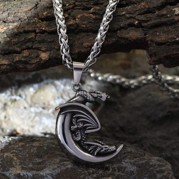 Stainless Steel Punk Dragon Moon Necklace For Men Women Gothic Jewelry