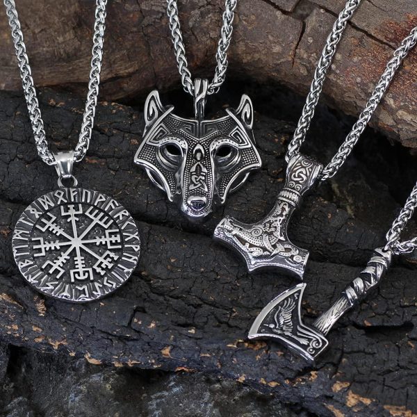 Viking Mens Necklaces Silver Jewelry Pendant Necklace Stainless Steel Vintage Jewelry Set Of Axe Necklace Wolf Necklace Mjolnir Necklace And Compass Necklace Viking Gifts For Men 24 Inches