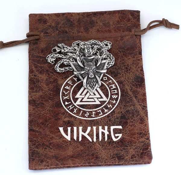 Viking Odin Wolf Necklace For Men Amulet Stainless Steel Pendant Jewelru With Valknut Gift Bag