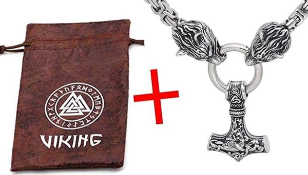 Wolf Head With Thor Mjolnir Pendant Necklace Stainless Steel - King Chain