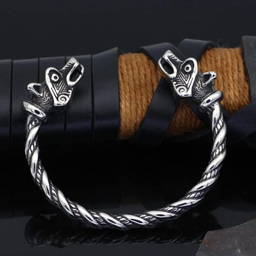 Viking Wolf Bangle Stainless Steel Nordic Men Bracelet Jewelry With Valknut Gift Bag