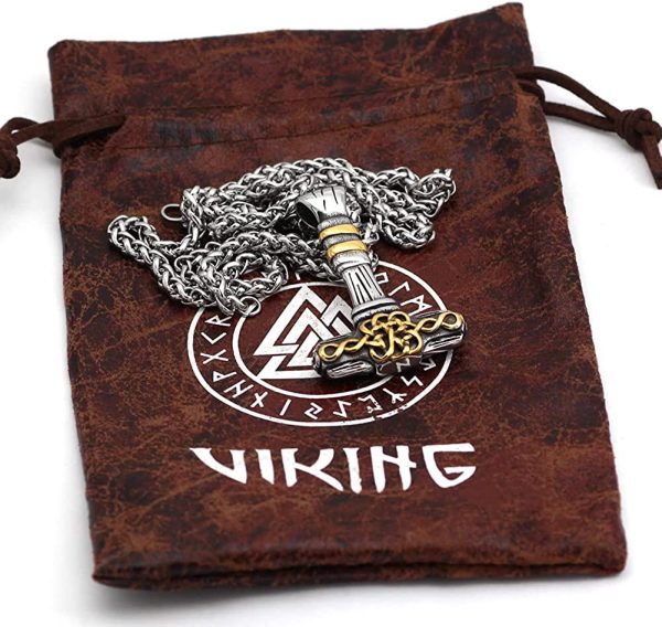Men Viking Thor Hammer Mjolnir Necklace Stainless Steel Nordic Jewelry For Men With Valknut Gift Bag