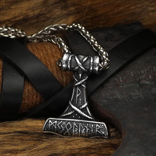 Viking Gift For Men Rune Thor Hammer Mjolnir Necklace Stainless Steel Men Viking Jewelry With Valknut Gift Bag