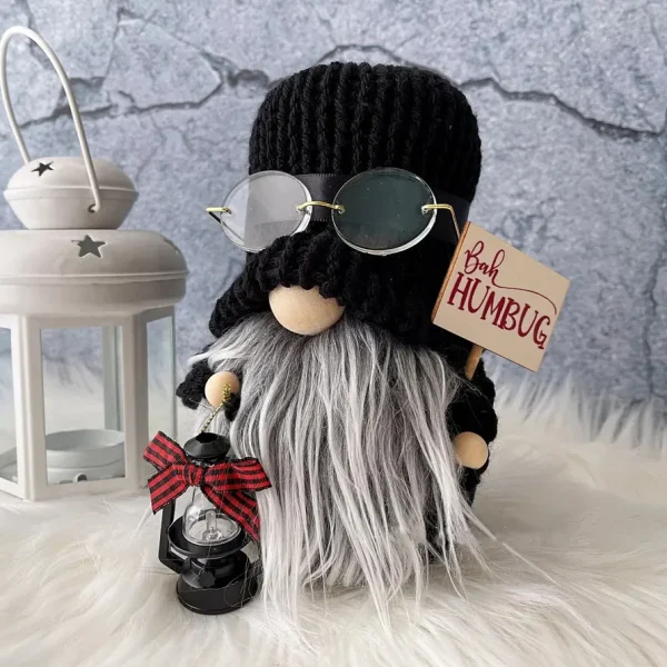 Crochet Gnome Plush Black with Wood Accents, Desk Decoration, Gift for Women, Scandinavian Swedish Tomte Stuffed Decor for Gnomes Lovers - Image 3