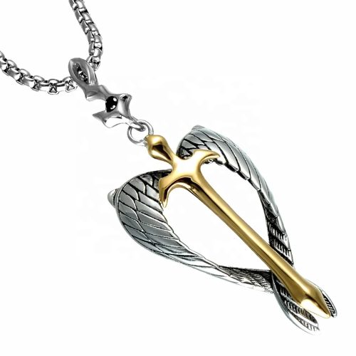 Guardian Angel Wings Sword Pendant Cross with Chain Stainless Steel